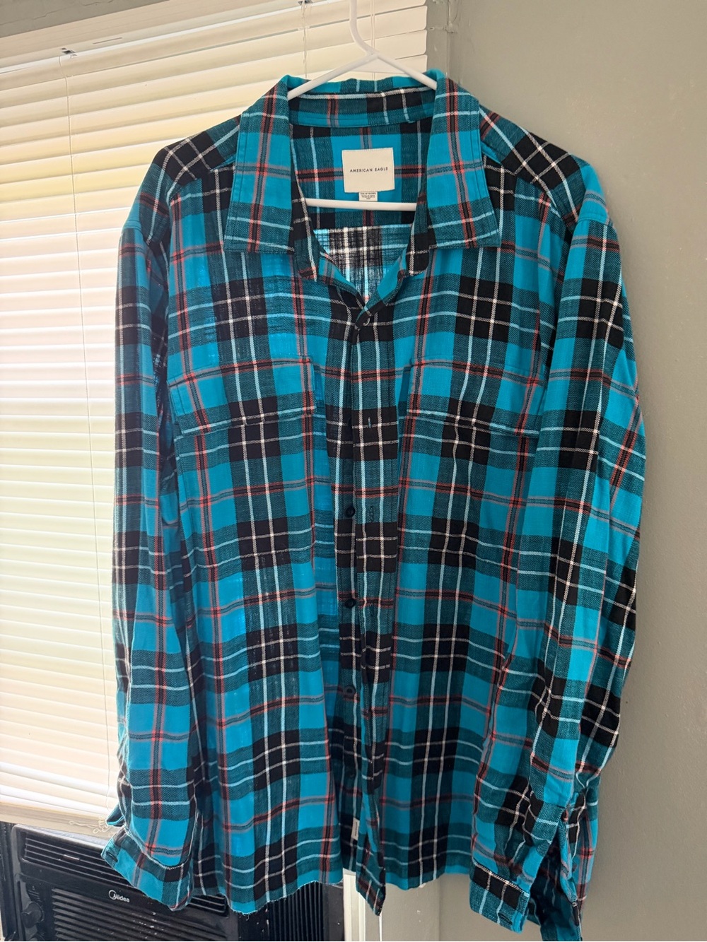 American Eagle Teal, Black & Red Plaid Button-Up Shirt